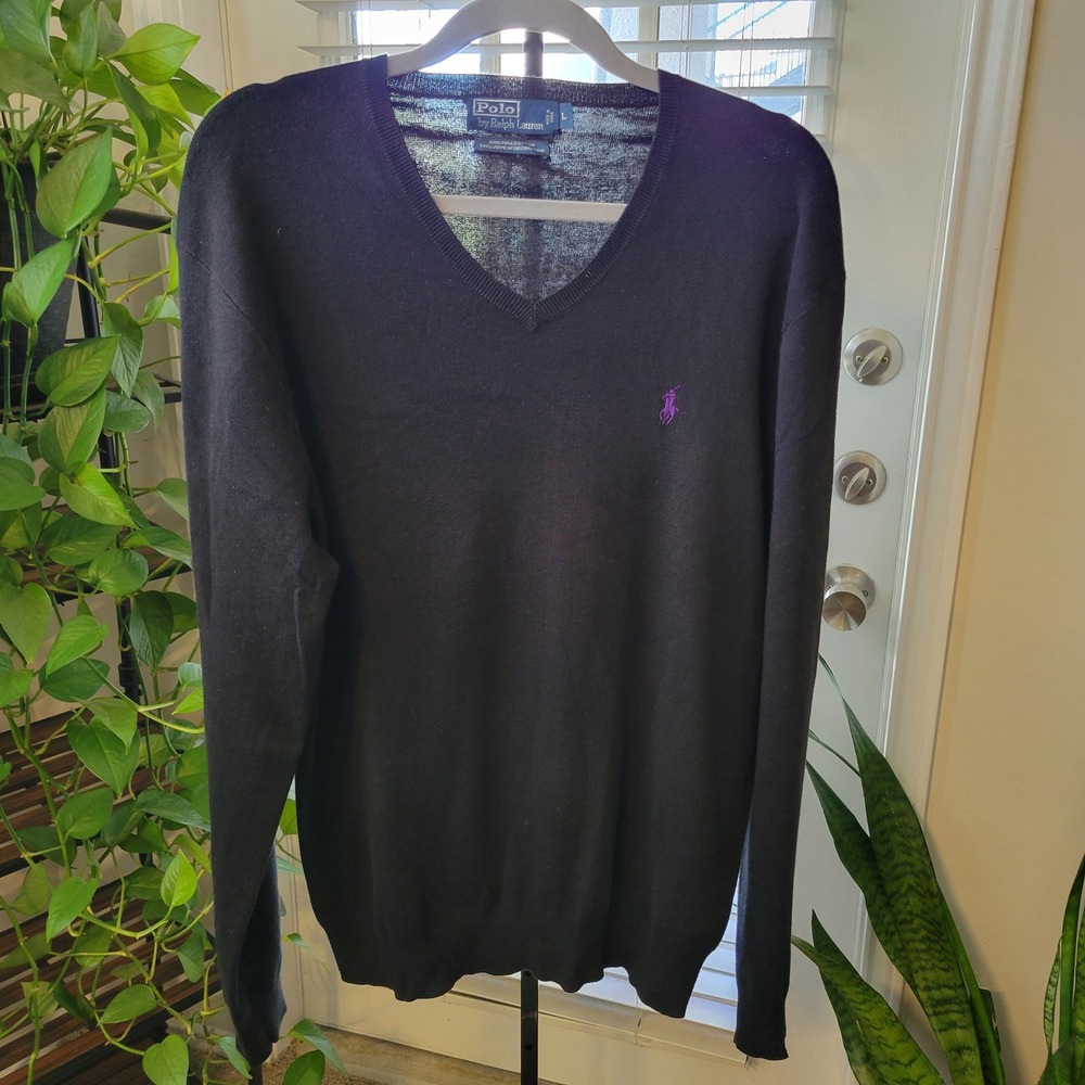 VTG Polo Ralph Lauren Mens L V-Neck Sweater Black 100% Pima Cotton Purple Pony
